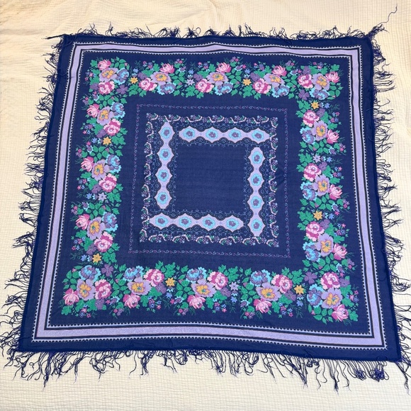 Vintage Saks Fifth Avenue Floral Scarf | Dark Purple Square with Fringe - Picture 4 of 10